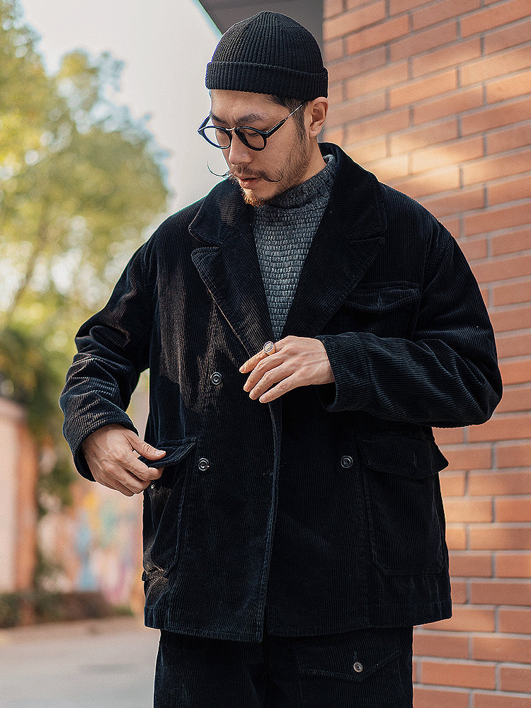 Retro Corduroy Double-Breasted Peak-Lapel Blazer – Loose 70s-Style Vintage Coat