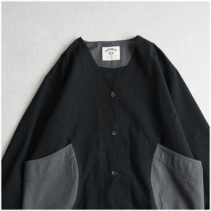 Japanese Color-Blocked V-Neck Jacket - Retro Cotton Pocket Coat (Unisex)
