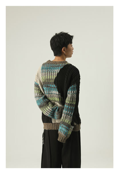 Heavy-weight twisted patchwork gradient back collar camel wool sweater