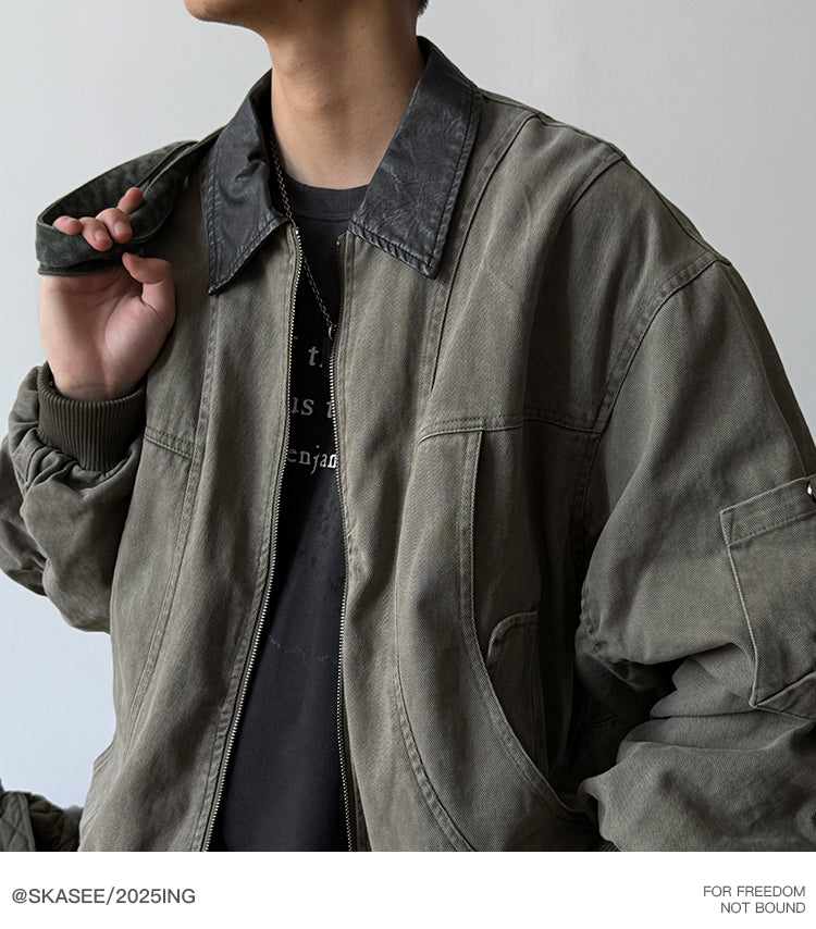 Vintage Washed Leather-Collar Cargo Jacket - Loose Barn Coat (Unisex)