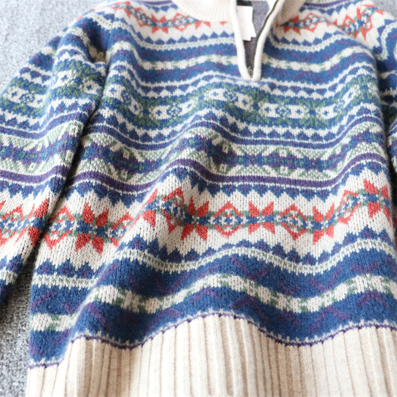 100% Wool Half-Zip Jacquard Stripe Sweater – Men's Ethnic Knit Pullover Khaki
