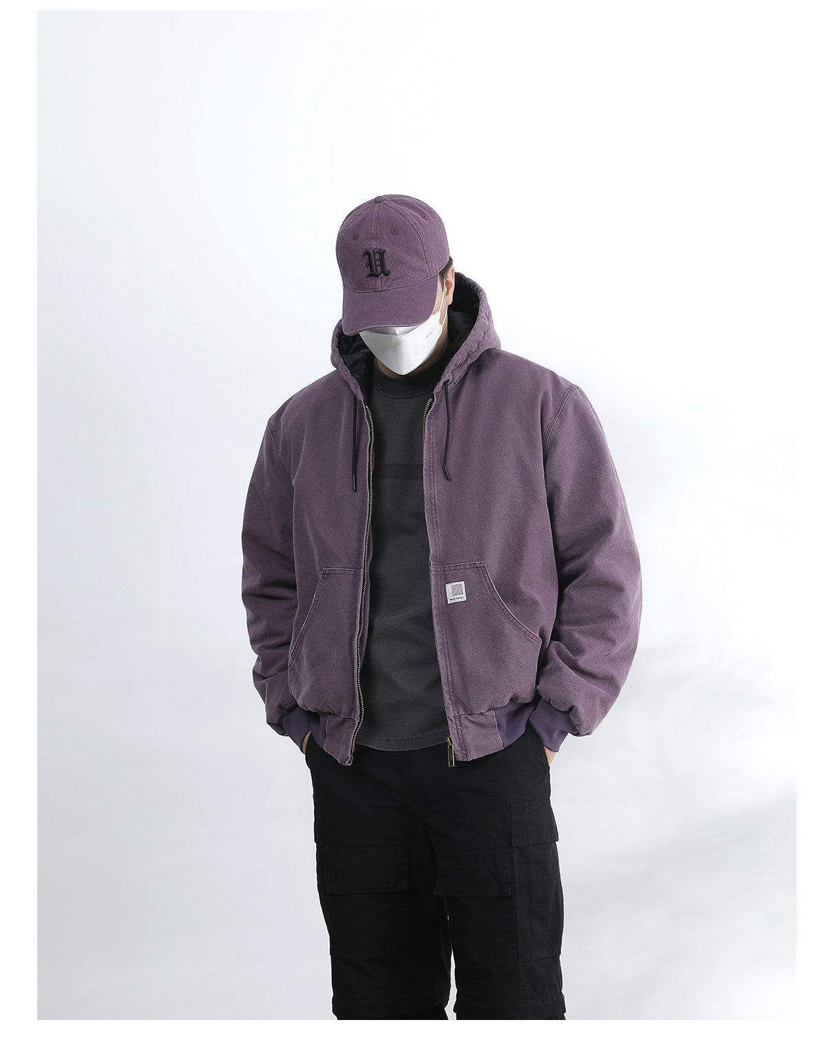 Vintage Wash Distressed Cargo Hoodie Jacket – Thermal Insulated Men's Coat
