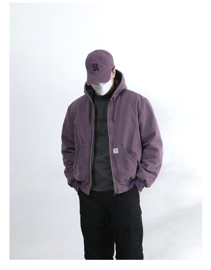 Vintage Wash Distressed Cargo Hoodie Jacket – Thermal Insulated Men's Coat
