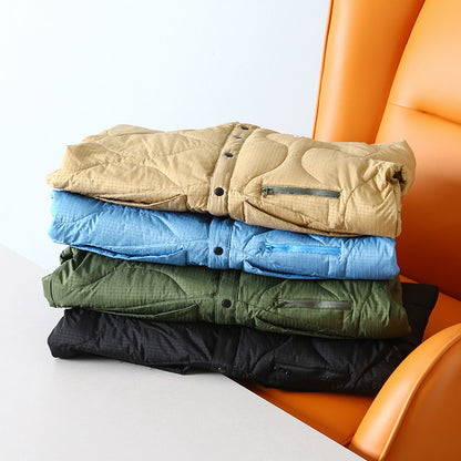 Collarless Down Jacket – Wave Quilting & Snap Front
