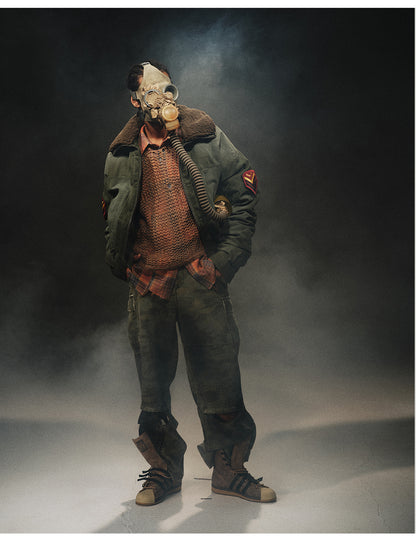 24aw Washed Green Vintage Jacket Cotton-Padded Coat Distressed Epaulet Fur Collar Thickened Coat