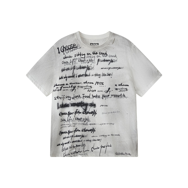 Handwritten Print Soft Skin-friendly Distressed Loose Short Sleeve T-shirt