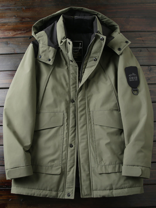 Men's Winter Outdoor 700 Fill Power Down Jacket - Windproof Waterproof Hooded Mid-Length Cold-Resistant Coat