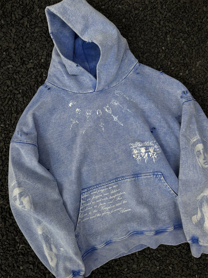 500g Heavyweight Saint Michael Distressed Portrait Hoodie – Vintage Washed Pullover