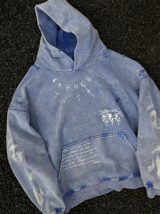 500g Heavyweight Saint Michael Distressed Portrait Hoodie – Vintage Washed Pullover