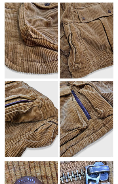 Corduroy Western Hunting Jacket for Men, Washed Multi-Pocket Outdoor Adventure Workwear Retro Windbreaker Jacket
