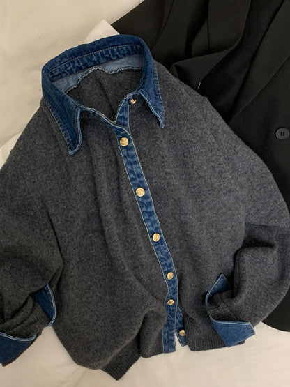 European Vintage Denim Patchwork Knit Cardigan - Polo Collar Sweater Jacket (Women)