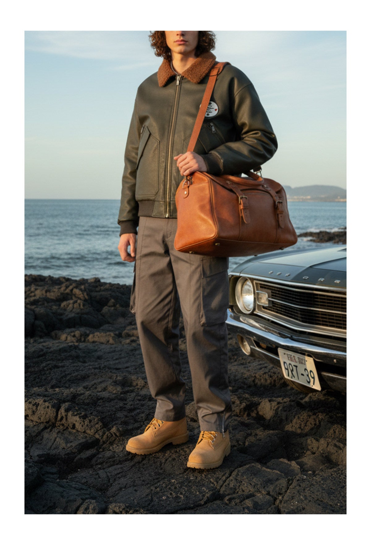 American Retro Leather Cotton Jacket - Lamb Wool Embroidered Coat (Men)