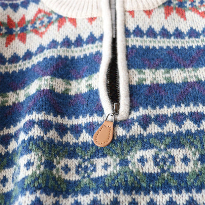 100% Wool Half-Zip Jacquard Stripe Sweater – Men's Ethnic Knit Pullover Khaki