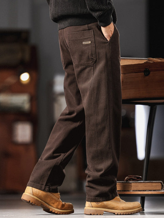 Green Deer Retro Workwear Denim Pants - Fleece Wide-Leg Casual Jeans (Men)