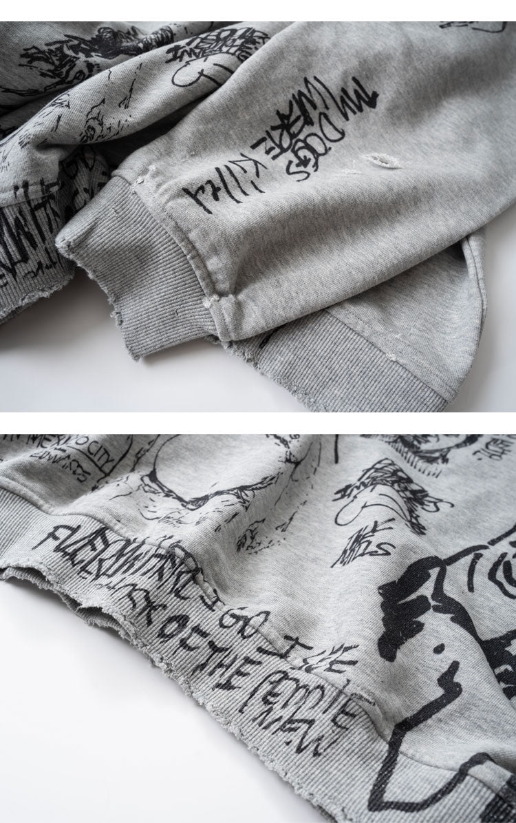 Retro Washed Graffiti Print Crewneck Sweatshirt – Distressed Loose Unisex