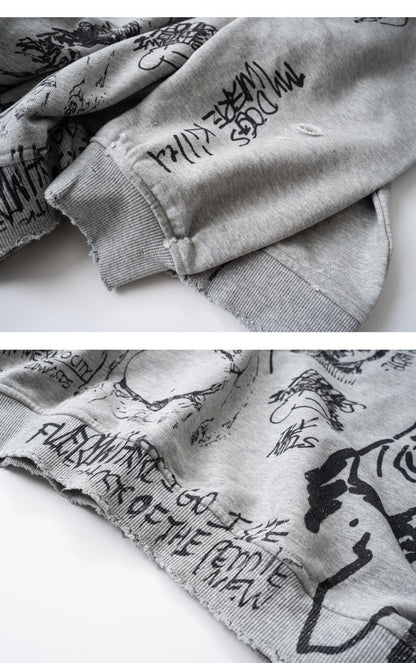 Retro Washed Graffiti Print Crewneck Sweatshirt – Distressed Loose Unisex