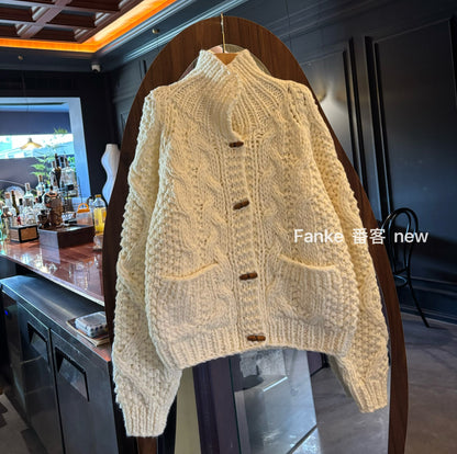Women's 2025 Winter Vintage Cable Knit Sweater Coat - Handmade Thick Knit Turn-Down Collar Horn Button Lazy Cardigan
