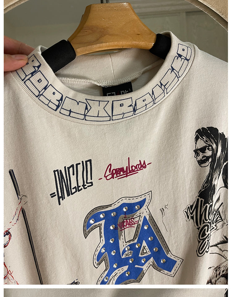 Quan Zhilong “Saint Michael” Rhinestone Graffiti Long-Sleeve Tee – Unisex Streetwear Vintage Base