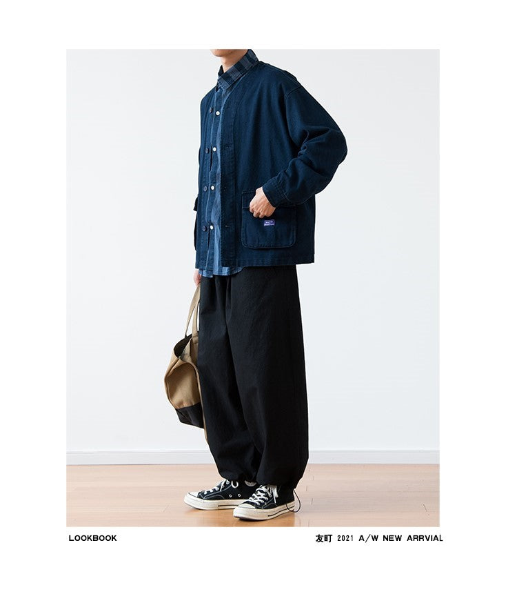 Vintage Washed Denim Collarless Shirt – Japanese Style Long Sleeve (Unisex)