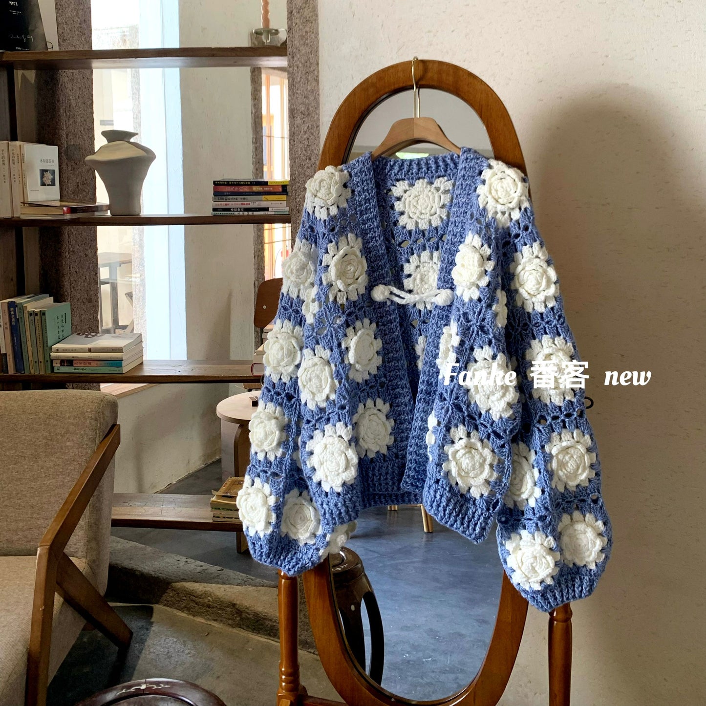 Women's European French Retro Color Block Cardigan - Handmade 3D Rose Crochet Hollow Knit Sweater