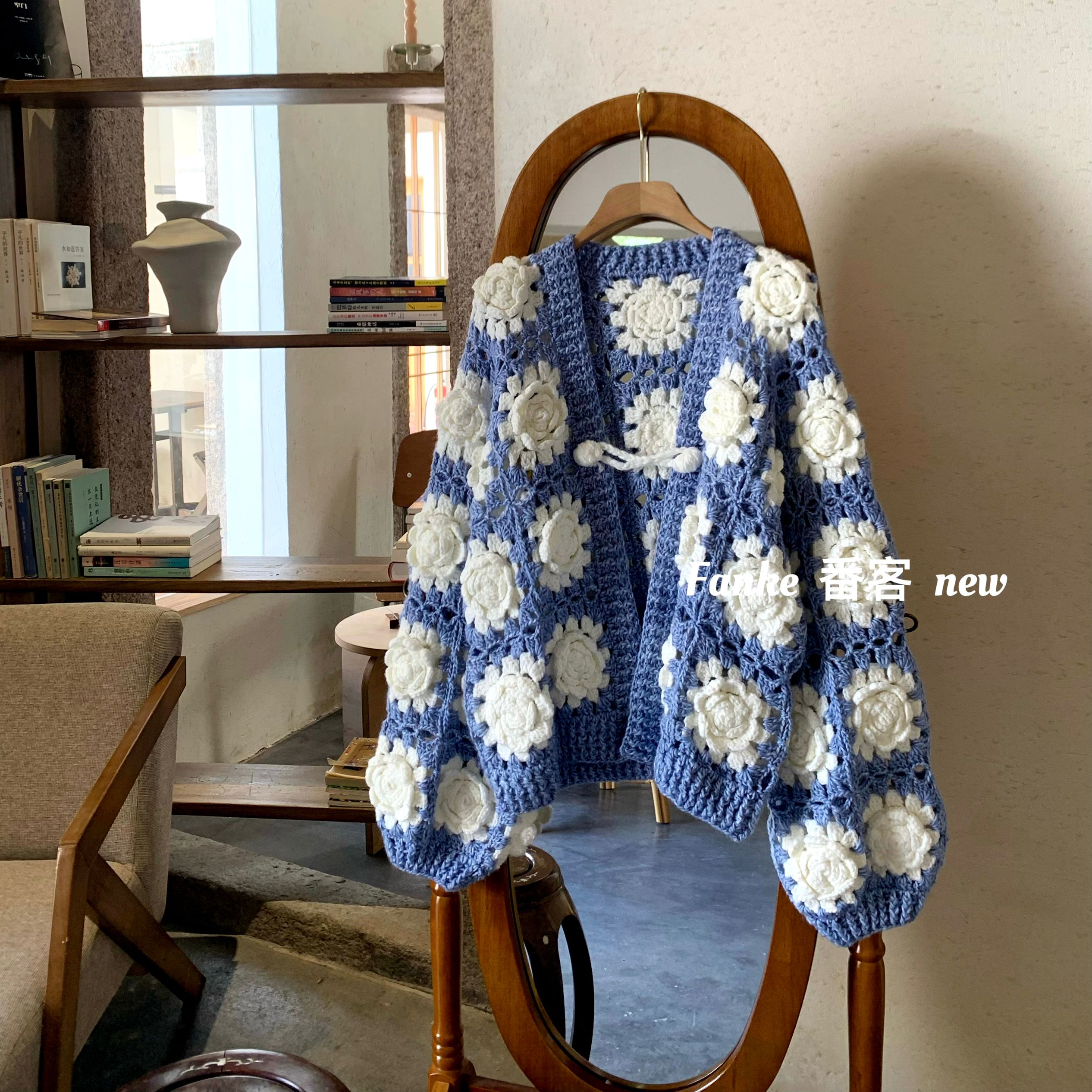 Women's European French Retro Color Block Cardigan - Handmade 3D Rose Crochet Hollow Knit Sweater