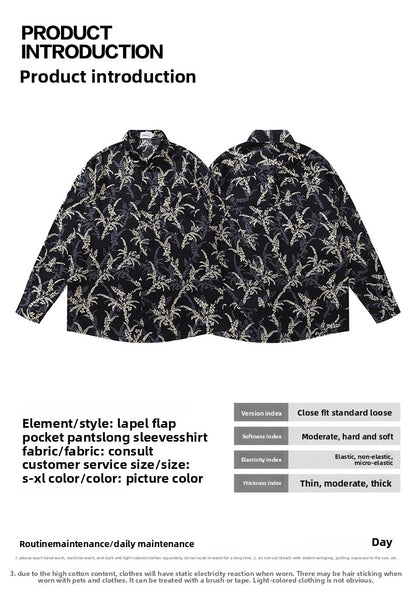 American Style Casual Floral Full Print Long Sleeve Shirt for Men, Loose Beach Shirt Jacket for Autumn