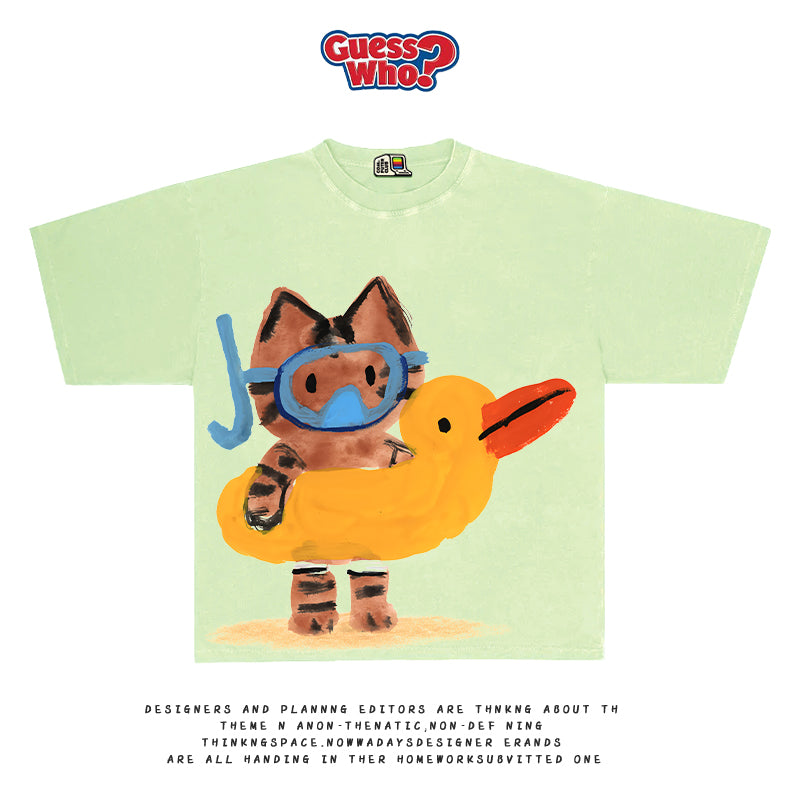All Nature Hand-Painted Cat Illustration Tee – Fun Artist Graphic Short Sleeve