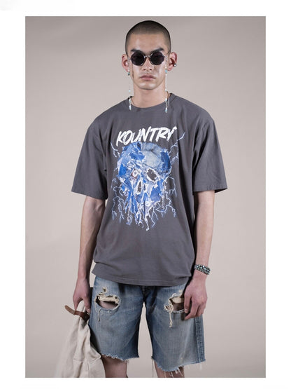 Japanese Casual Cotton Lightning Denim Skull Print Short Sleeve T-Shirt - Loose Graphic Tee for Men | Japanese vintage | yamalin clothes | Yamalinclothes