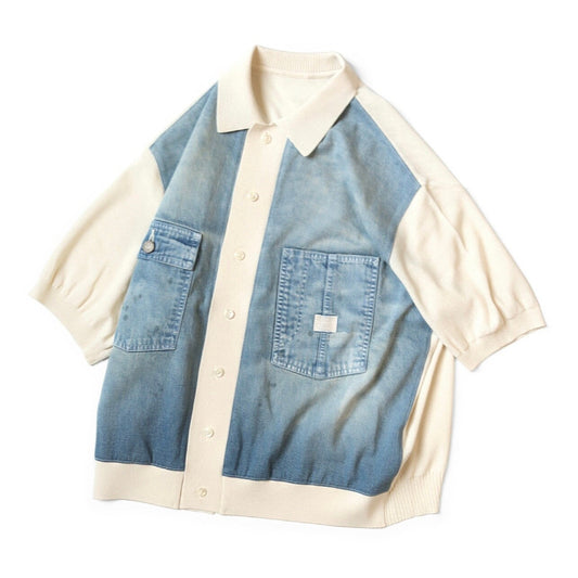 Japanese Casual Knit Denim Patchwork Collar Polo Short Sleeve Shirt - Color Block Summer Top for Men