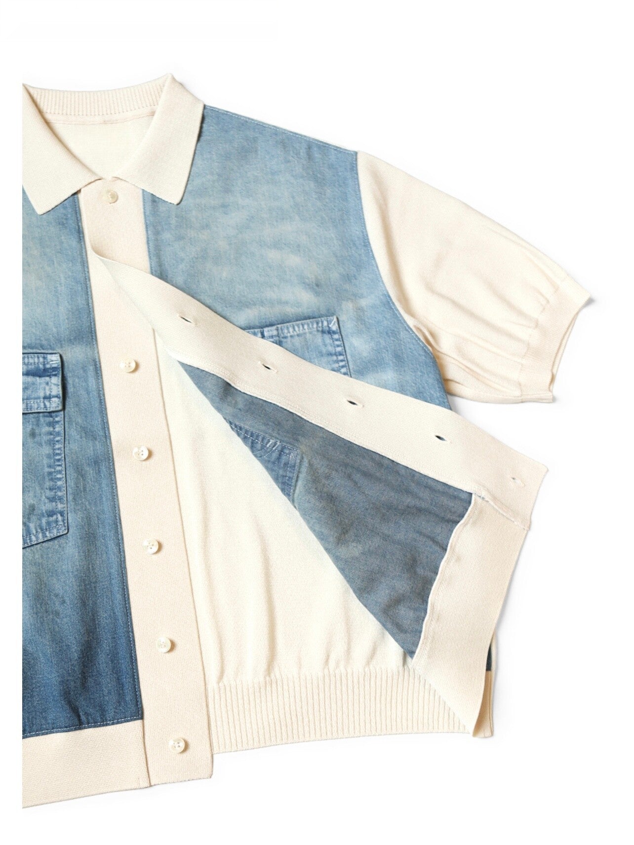 Japanese Casual Knit Denim Patchwork Collar Polo Short Sleeve Shirt - Color Block Summer Top for Men
