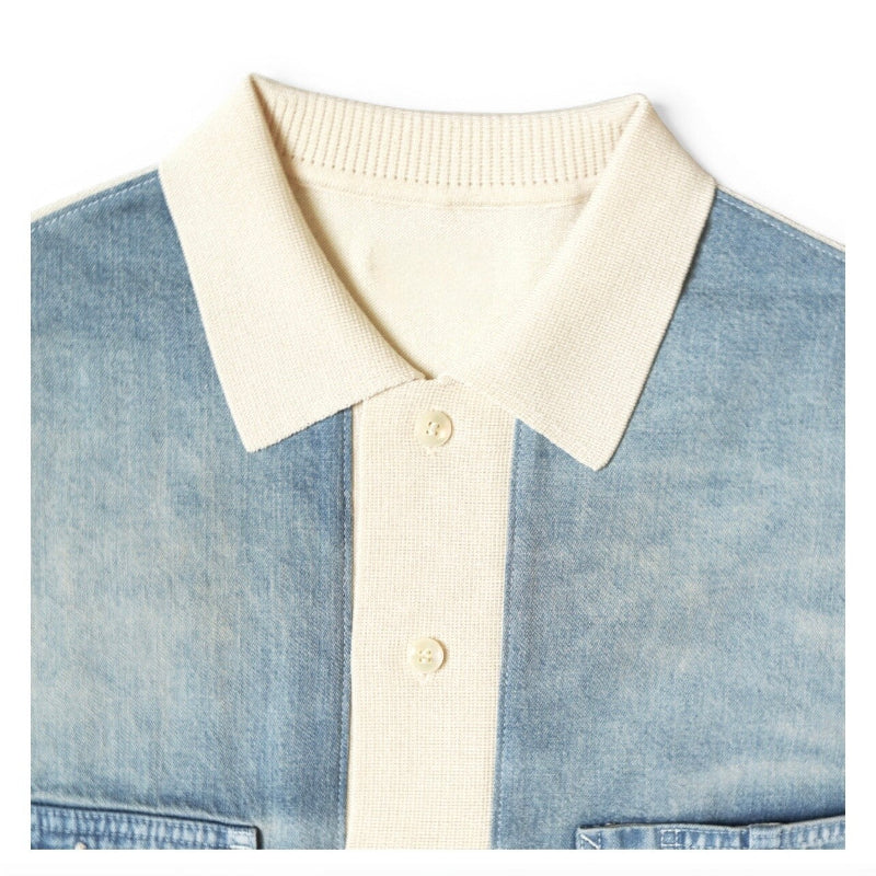 Japanese Casual Knit Denim Patchwork Collar Polo Short Sleeve Shirt - Color Block Summer Top for Men