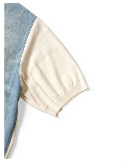 Japanese Casual Knit Denim Patchwork Collar Polo Short Sleeve Shirt - Color Block Summer Top for Men