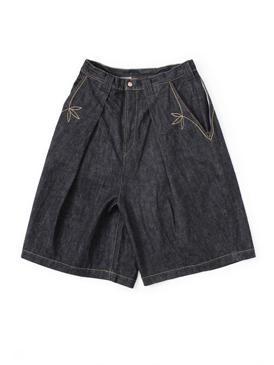 Japanese Denim Indigo Embroidery Four-Pocket Over-the-Knee Shorts - Loose Casual Streetwear for Men