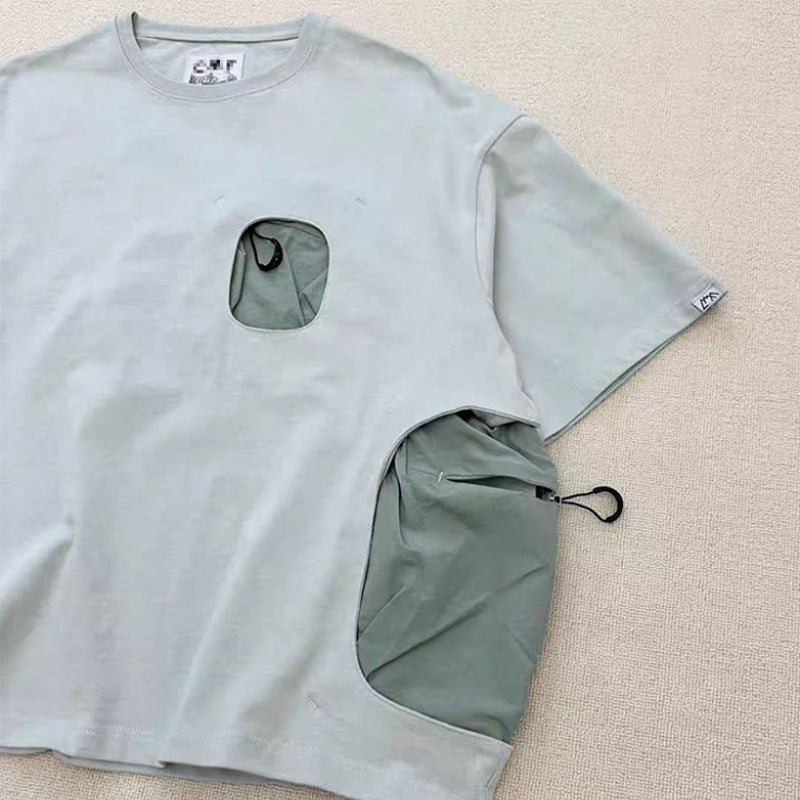 Mountain Functional Large Pocket Drop Shoulder T-Shirt - Loose Casual Outdoor Crew Neck Short Sleeve Tee for Men