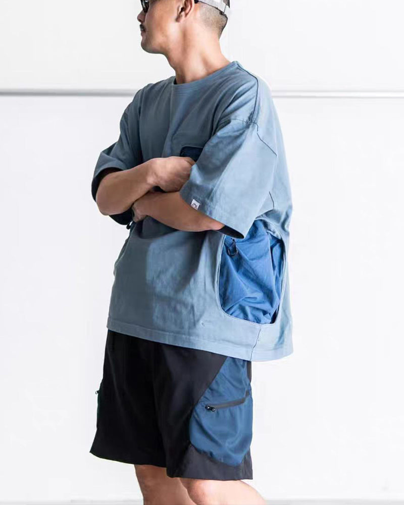Mountain Functional Large Pocket Drop Shoulder T-Shirt - Loose Casual Outdoor Crew Neck Short Sleeve Tee for Men