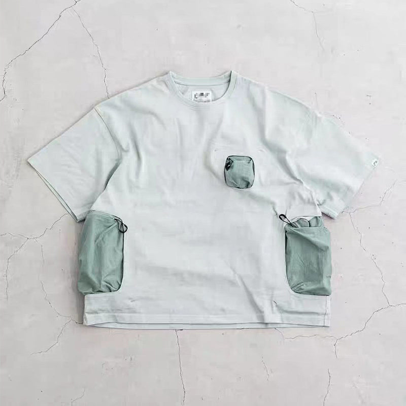 Mountain Functional Large Pocket Drop Shoulder T-Shirt - Loose Casual Outdoor Crew Neck Short Sleeve Tee for Men