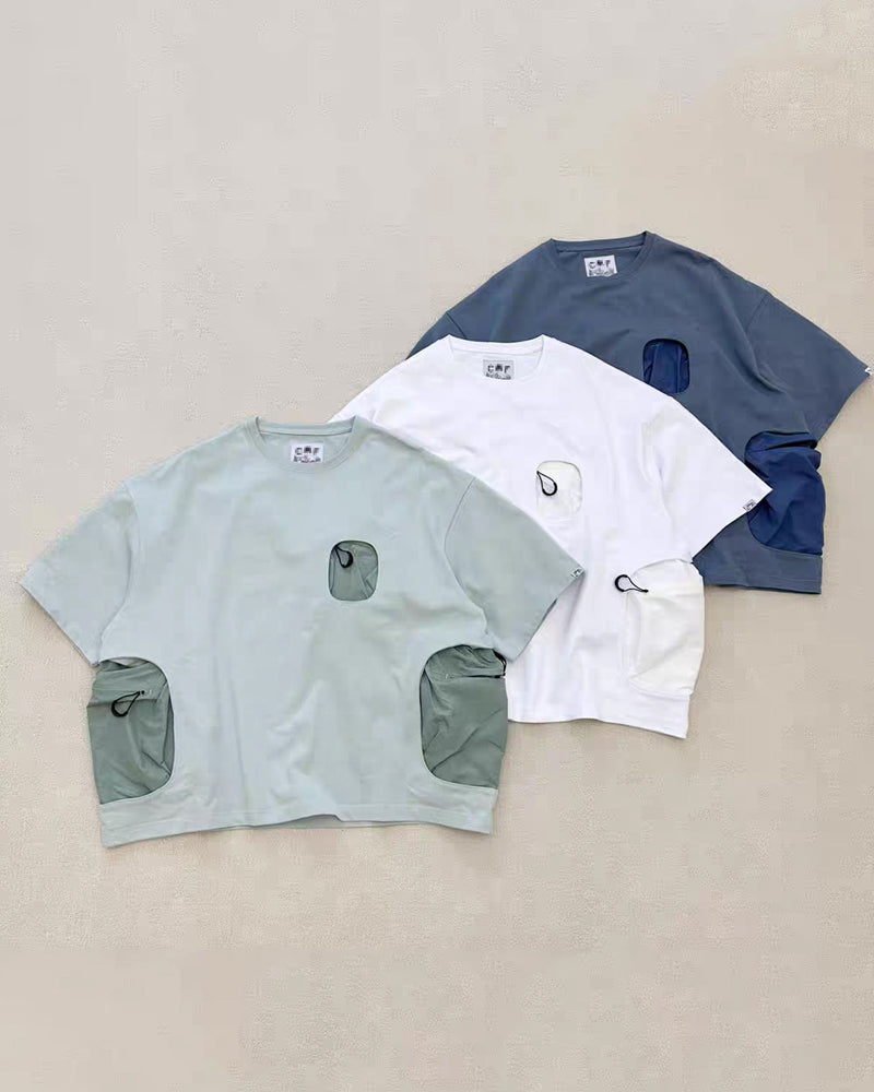 Mountain Functional Large Pocket Drop Shoulder T-Shirt - Loose Casual Outdoor Crew Neck Short Sleeve Tee for Men