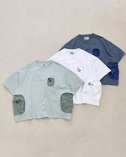 Mountain Functional Large Pocket Drop Shoulder T-Shirt - Loose Casual Outdoor Crew Neck Short Sleeve Tee for Men