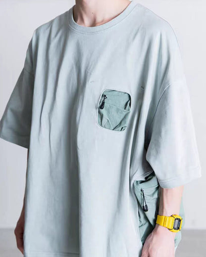 Mountain Functional Large Pocket Drop Shoulder T-Shirt - Loose Casual Outdoor Crew Neck Short Sleeve Tee for Men