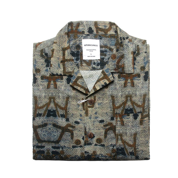 Seersucker Cuban Collar Printed Shirt – Men's Vintage Beach Short Sleeve