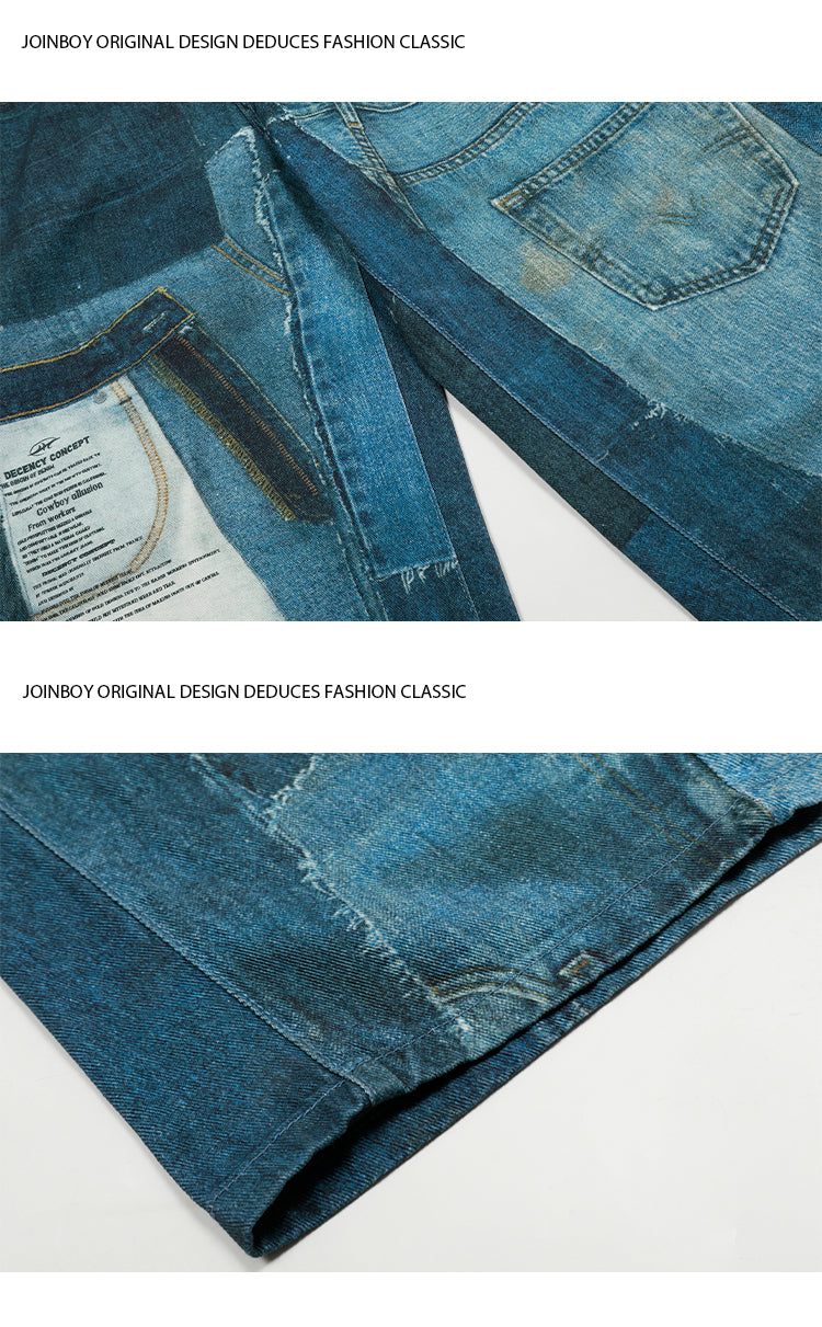 Printed Washed Denim Fabric Creative Design Color Block Feel Scimitar Pants Wide Leg Jeans