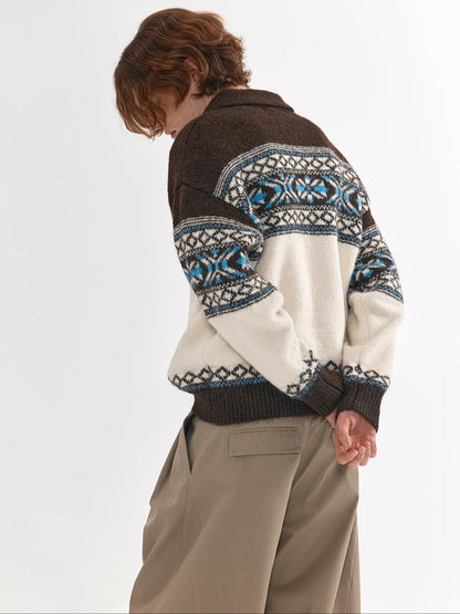 Coke Life Carpem Unisex Retro Fair Isle Sweater Jacket - Autumn Wool Zipper Loose Lazy Style Top