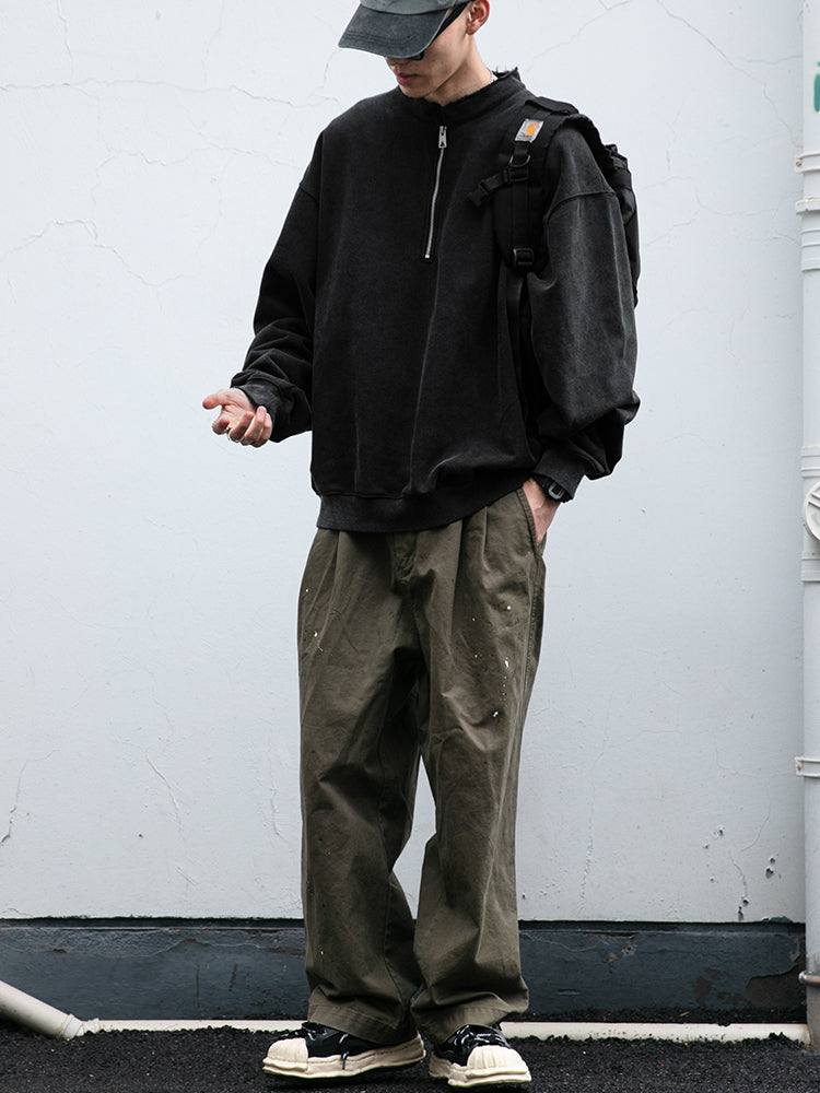 465G Snowflake Molle Diagonal Half-Zip Sweatshirt Men's Boxy Short Wide Washed Vintage Pullover Jacket Trendy