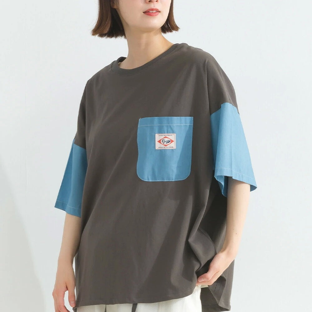 Japanese Style Stitching Denim Pocket Letters Profile T-shirt Designer Loose Casual Summer Patch