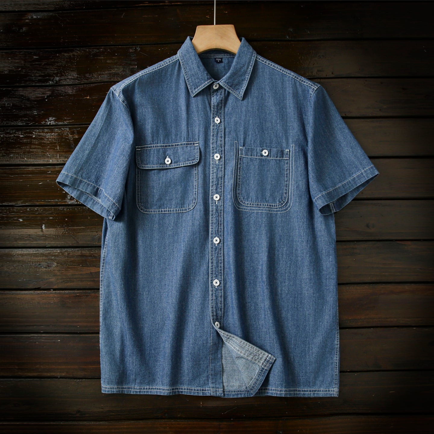 Pure Cotton Enzyme Wash! Export Surplus Men's Summer Turn-down Collar Denim Short Sleeve Shirt Top
