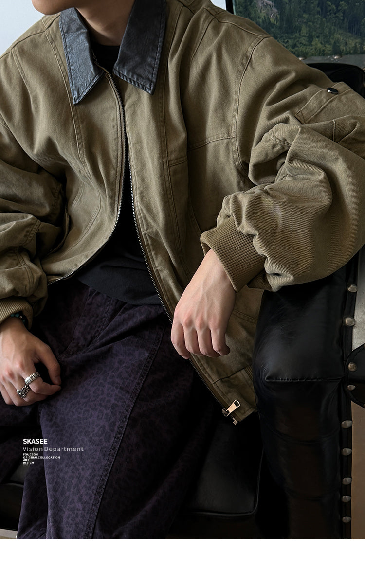 Vintage Washed Leather-Collar Cargo Jacket - Loose Barn Coat (Unisex)