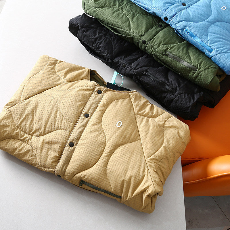 Collarless Down Jacket – Wave Quilting & Snap Front