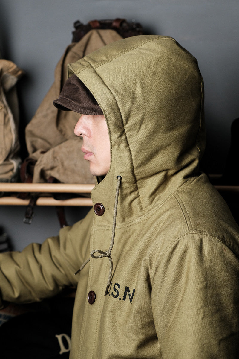 Heavy Wool Hooded Deck Parka – Long Padded Military-Style Jacket