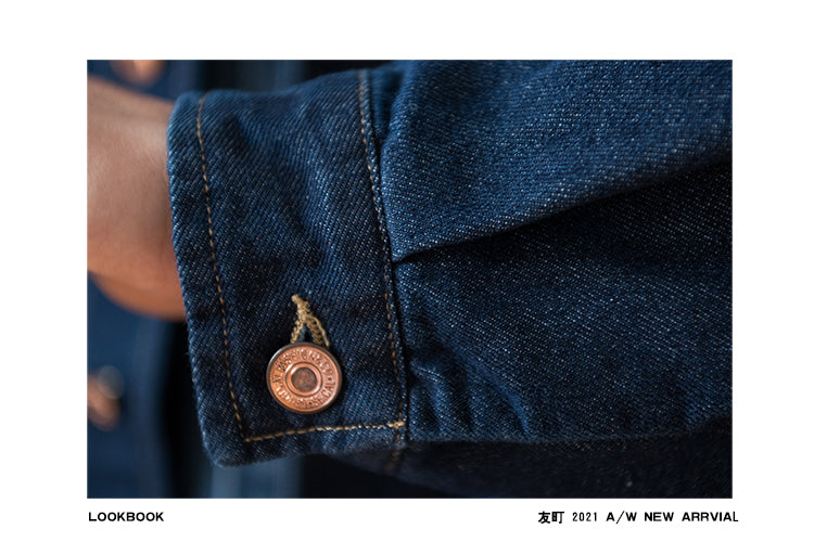 Japanese Retro Workwear Denim Shirt – Loose Turn-Down Collar for Spring/Autumn