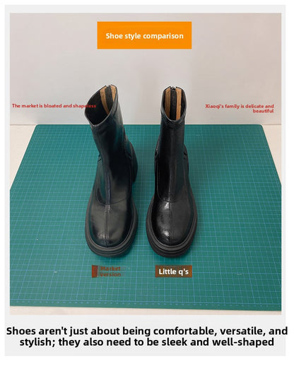 Women's Retro Genuine Leather Martin Boots - Brown Cowhide Thick-Soled Back-Zip Chunky Heel Boots